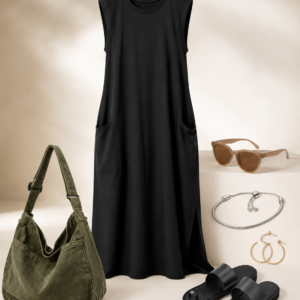 Trendy accessories and wardrobe essentials including gold hoop earrings and polarized sunglasses