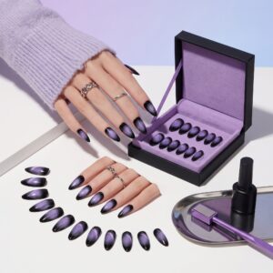 GLAMERMAID Black Pink Ombre Press on Nails medium almond shape with high gloss gel finish